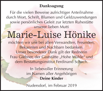 Traueranzeige von Marie-Luise Hönike von Mitteldeutsche Zeitung