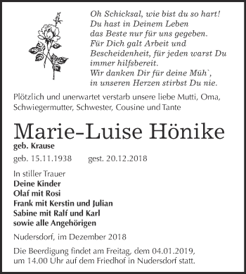 Traueranzeige von Marie-Luise Hönike von Super Sonntag Wittenberg
