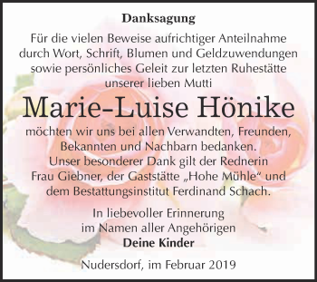 Traueranzeige von Marie-Luise Hönike von Super Sonntag Wittenberg
