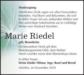 Traueranzeige von Marie Riedel von Mitteldeutsche Zeitung Weißenfels
