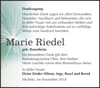 Traueranzeige von Marie Riedel von Super Sonntag Merseburg