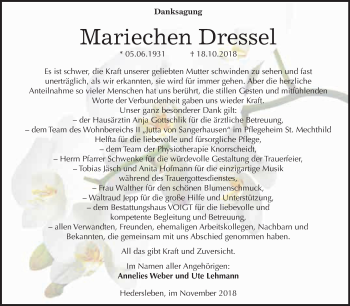 Traueranzeige von Mariechen Dressel von Super Sonntag SGH Mansf. Land