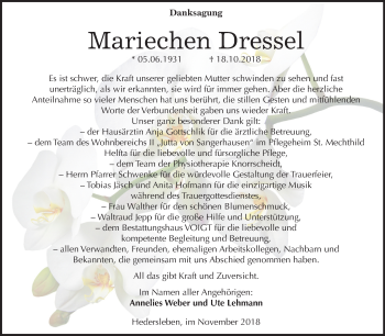 Traueranzeige von Mariechen Dressel von Mitteldeutsche Zeitung Mansfelder Land