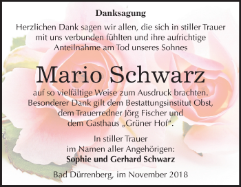 Traueranzeige von Mario Schwarz von Mitteldeutsche Zeitung Merseburg/Querfurt