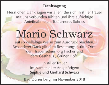 Traueranzeige von Mario Schwarz von Super Sonntag Merseburg