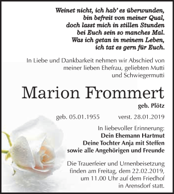 Traueranzeige von Marion Frommert von WVG - Wochenspiegel Dessau / Köthen