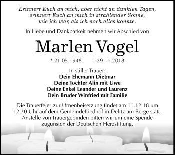 Traueranzeige von Marlen Vogel von Mitteldeutsche Zeitung Halle/Saalkreis