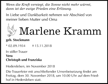 Traueranzeige von Marlene Kramm von Mitteldeutsche Zeitung Quedlinburg