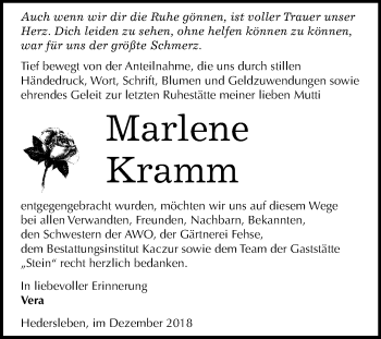 Traueranzeige von Marlene Kramm von Mitteldeutsche Zeitung Quedlinburg