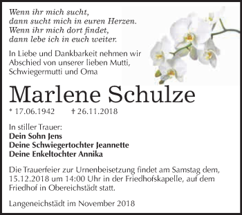 Traueranzeige von Marlene Schulze von WVG - Wochenspiegel Merseburg