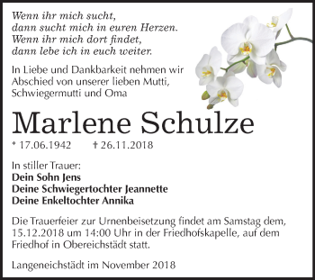 Traueranzeige von Marlene Schulze von Mitteldeutsche Zeitung Merseburg/Querfurt