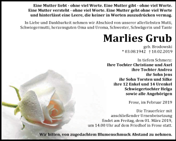 Traueranzeige von Marlies Grub von Super Sonntag Aschersleben