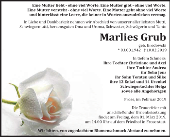 Traueranzeige von Marlies Grub von Mitteldeutsche Zeitung Aschersleben