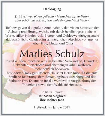 Traueranzeige von Marlies Schulz von Super Sonntag SGH Mansf. Land