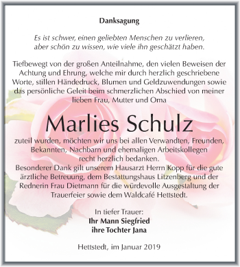 Traueranzeige von Marlies Schulz von Mitteldeutsche Zeitung Mansfelder Land