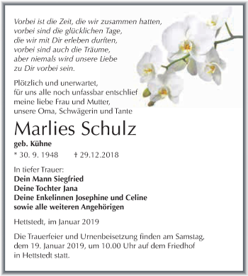 Traueranzeige von Marlies Schulz von Wochenspiegel Mansfelder Land