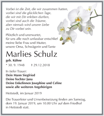 Traueranzeige von Marlies Schulz von Mitteldeutsche Zeitung Mansfelder Land