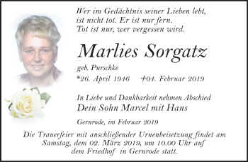 Traueranzeige von Marlies Sorgatz von Mitteldeutsche Zeitung Quedlinburg