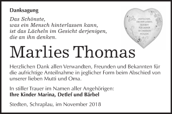 Traueranzeige von Marlies Thomas von Super Sonntag SGH Mansf. Land