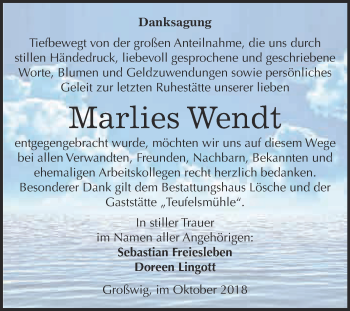 Traueranzeige von Marlies Wendt von WVG - Wochenspiegel Wittenberg