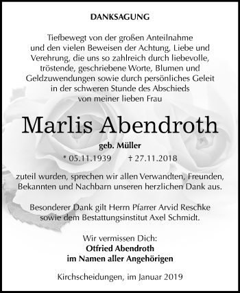 Traueranzeige von Marlis Abendroth von Mitteldeutsche Zeitung Naumburg/Nebra