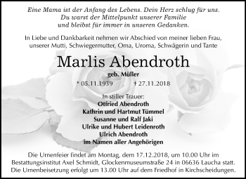 Traueranzeige von Marlis Abendroth von Mitteldeutsche Zeitung Naumburg/Nebra