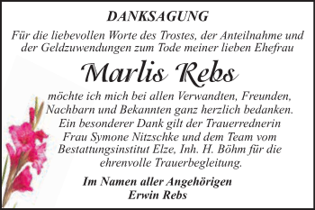 Traueranzeige von Marlis Rebs von WVG - Wochenspiegel Dessau / Köthen