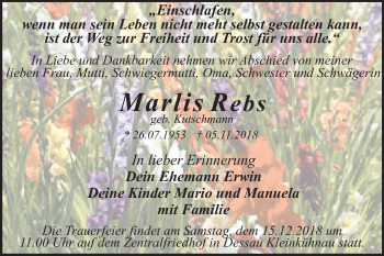 Traueranzeige von Marlis Rebs von Mitteldeutsche Zeitung Dessau-Roßlau