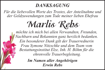 Traueranzeige von Marlis Rebs von Mitteldeutsche Zeitung Dessau-Roßlau