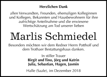 Traueranzeige von Marlis Schmiedel von Mitteldeutsche Zeitung Halle/Saalkreis