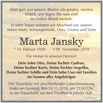 Traueranzeige von Marta Jansky von WVG - Wochenspiegel Bitterfeld