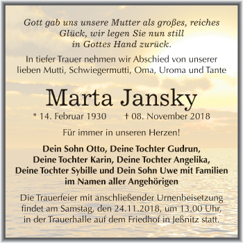 Traueranzeige von Marta Jansky von Mitteldeutsche Zeitung Bitterfeld