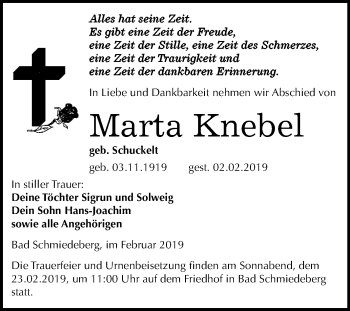Traueranzeige von Marta Knebel von WVG - Wochenspiegel Wittenberg