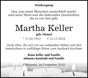 Traueranzeige von Martha Keller von Mitteldeutsche Zeitung Merseburg/Querfurt