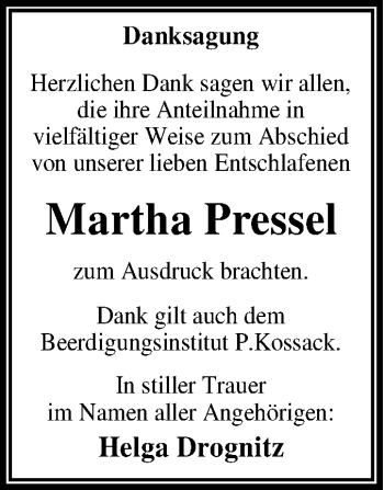 Traueranzeige von Martha Pressel von WVG - Wochenspiegel Dessau / Köthen