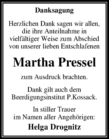 Traueranzeige von Martha Pressel von Mitteldeutsche Zeitung Dessau-Roßlau