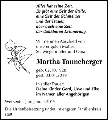 Traueranzeige von Martha Tanneberger von WVG - Wochenspiegel NMB / WSF / ZTZ