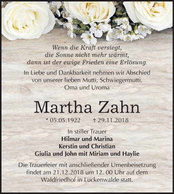 Traueranzeige von Martha Zahn von Mitteldeutsche Zeitung Bitterfeld