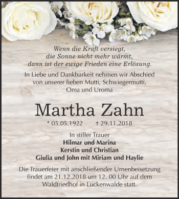 Traueranzeige von Martha Zahn von WVG - Wochenspiegel Bitterfeld