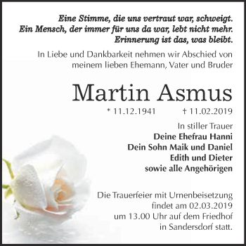 Traueranzeige von Martin Asmus von WVG - Wochenspiegel Bitterfeld