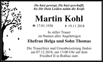 Traueranzeige von Martin Kohl von WVG - Wochenspiegel Dessau / Köthen