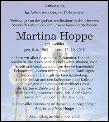 Traueranzeige von Martina Hoppe von WVG - Wochenspiegel Dessau / Köthen