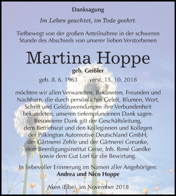 Traueranzeige von Martina Hoppe von Mitteldeutsche Zeitung Köthen