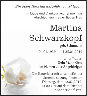 Traueranzeige von Martina Schwarzkopf von WVG - Wochenspiegel Bitterfeld