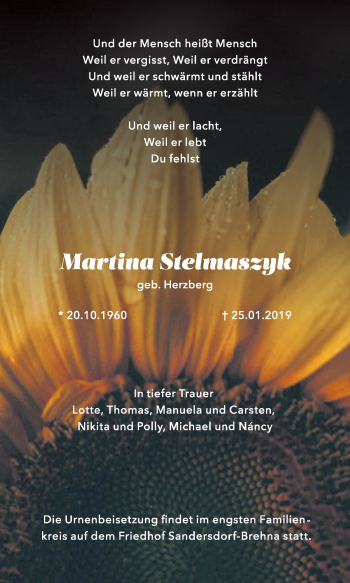 Traueranzeige von Martina Stelmaszyk von Mitteldeutsche Zeitung Bitterfeld