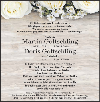Traueranzeige von Martin und Doris Gottschling von Super Sonntag Aschersleben