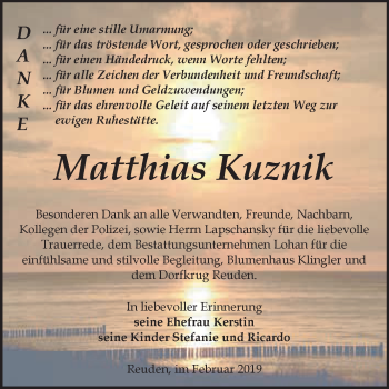 Traueranzeige von Matthias Kuznik von WVG - Wochenspiegel Bitterfeld