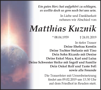 Traueranzeige von Matthias Kuznik von WVG - Wochenspiegel Bitterfeld