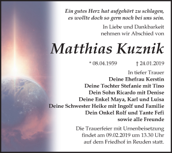 Traueranzeige von Matthias Kuznik von Mitteldeutsche Zeitung Bitterfeld