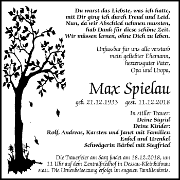 Traueranzeige von Max Spielau von Mitteldeutsche Zeitung Dessau-Roßlau
